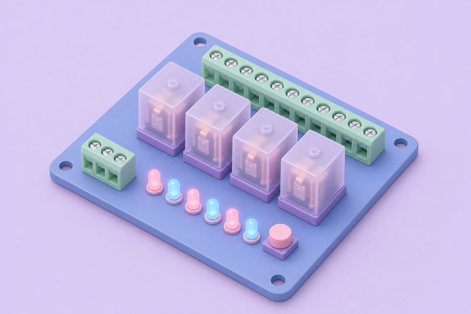 Isometric illustration of a relay board with four relays, screw terminals and a row of indicator LEDs (AI-generated image)