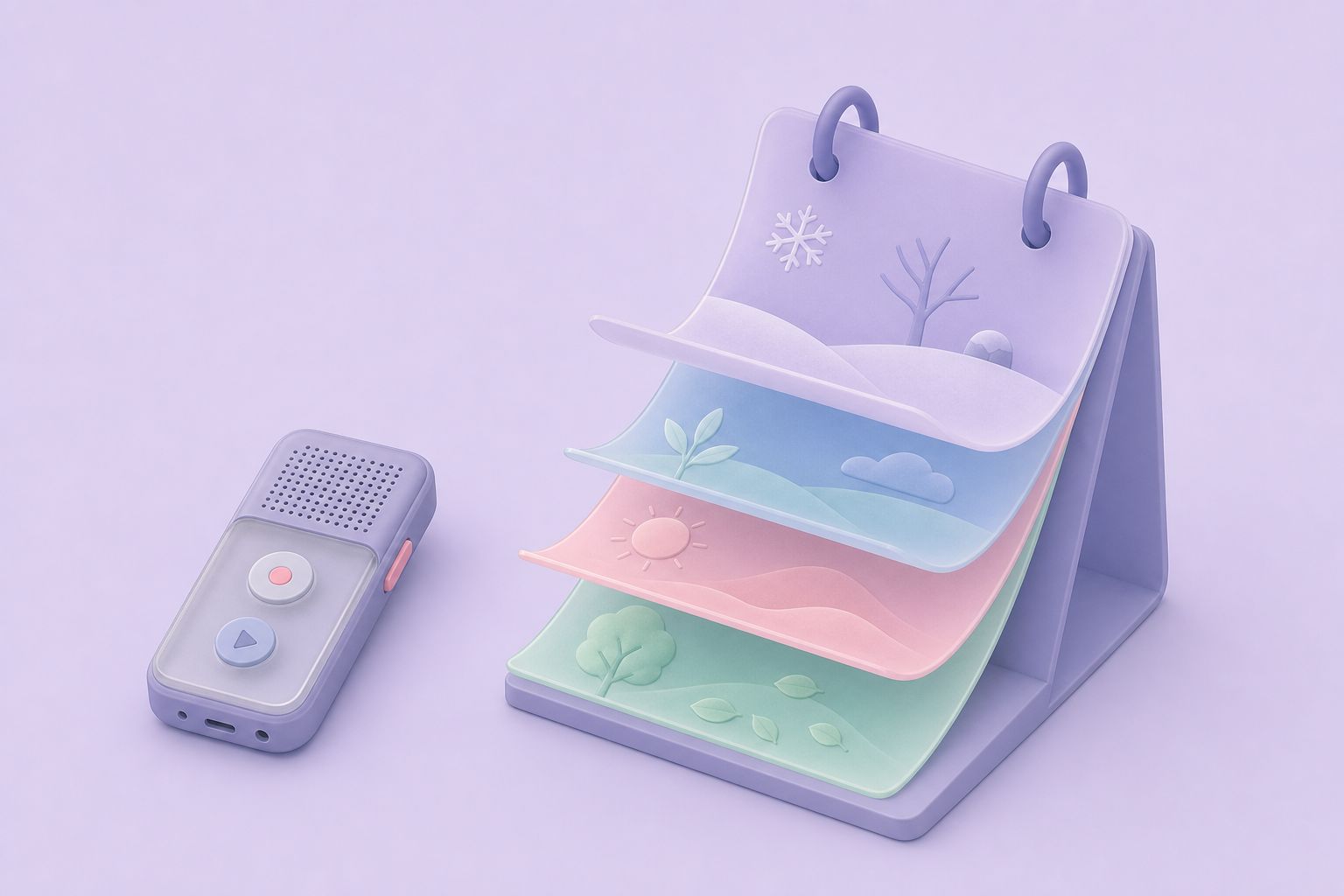 Isometric illustration of a handheld logger next to a calendar with pages for winter, spring and summer (AI-generated image)