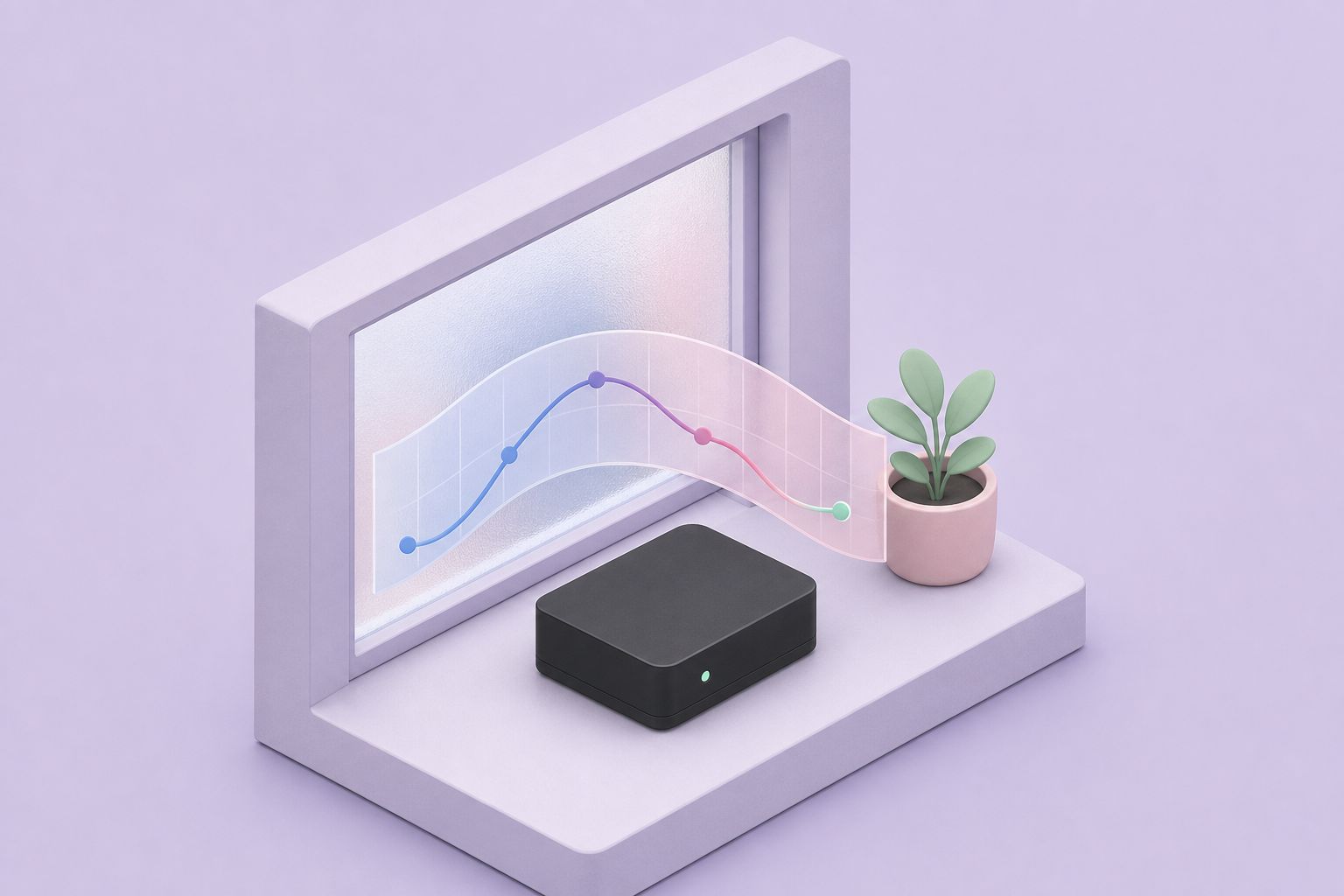 Isometric illustration of a small black logger box on a windowsill in front of a temperature graph (AI-generated image)