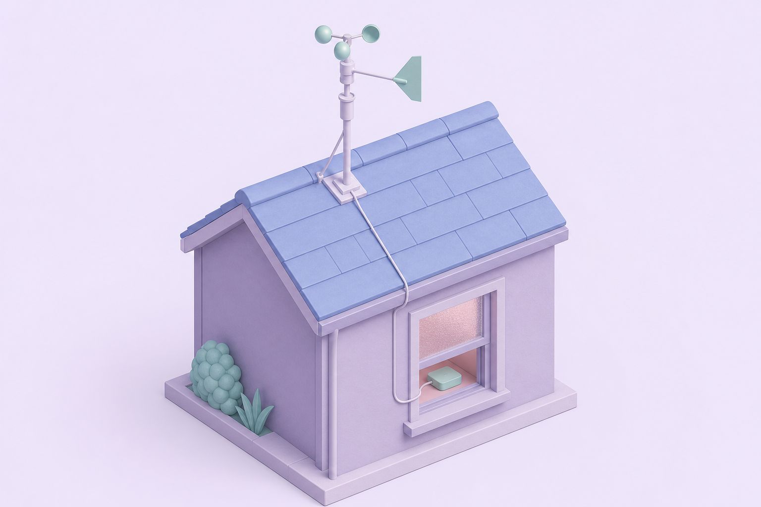 Isometric illustration of a house with a wind vane and anemometer on the roof and a cable running inside (AI-generated image)