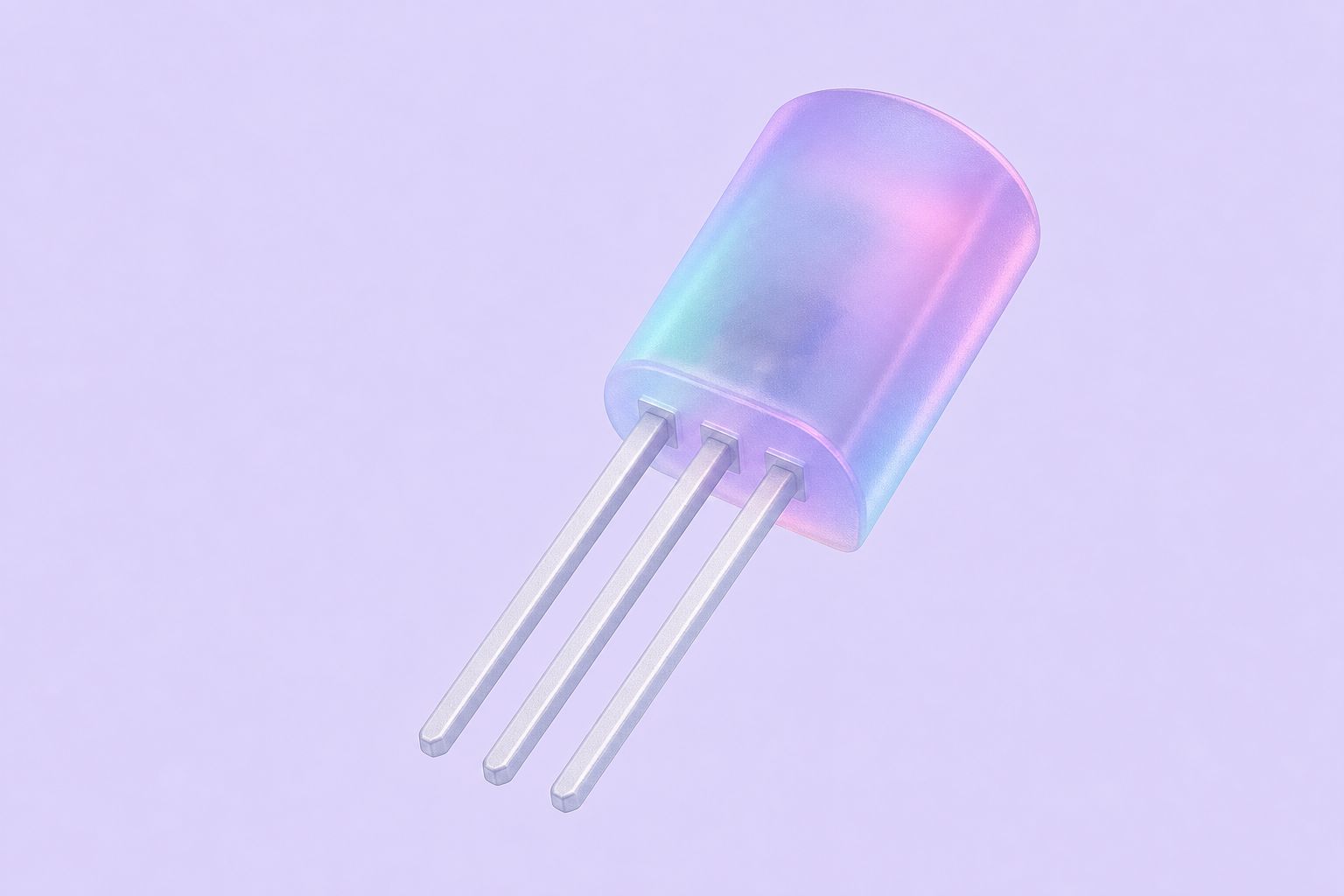 Isometric illustration of a translucent three-legged TO-92 temperature sensor chip (AI-generated image)