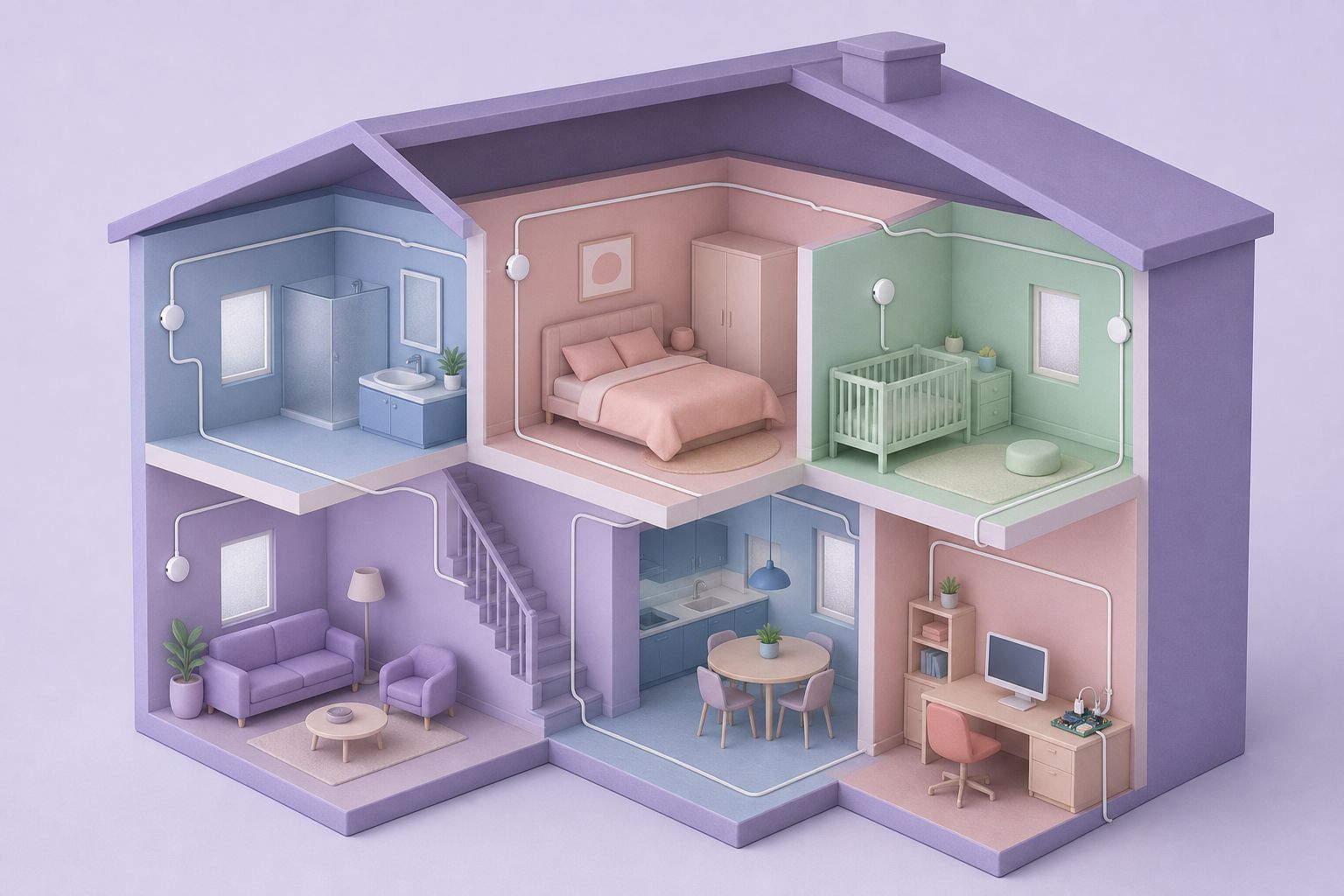 Cutaway illustration of a two-storey house with one sensor cable running through every room (AI-generated image)