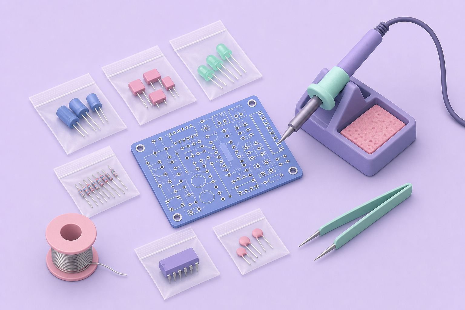 Isometric illustration of an electronics kit laid out on a bench: bare circuit board, bagged parts, solder and iron (AI-generated image)